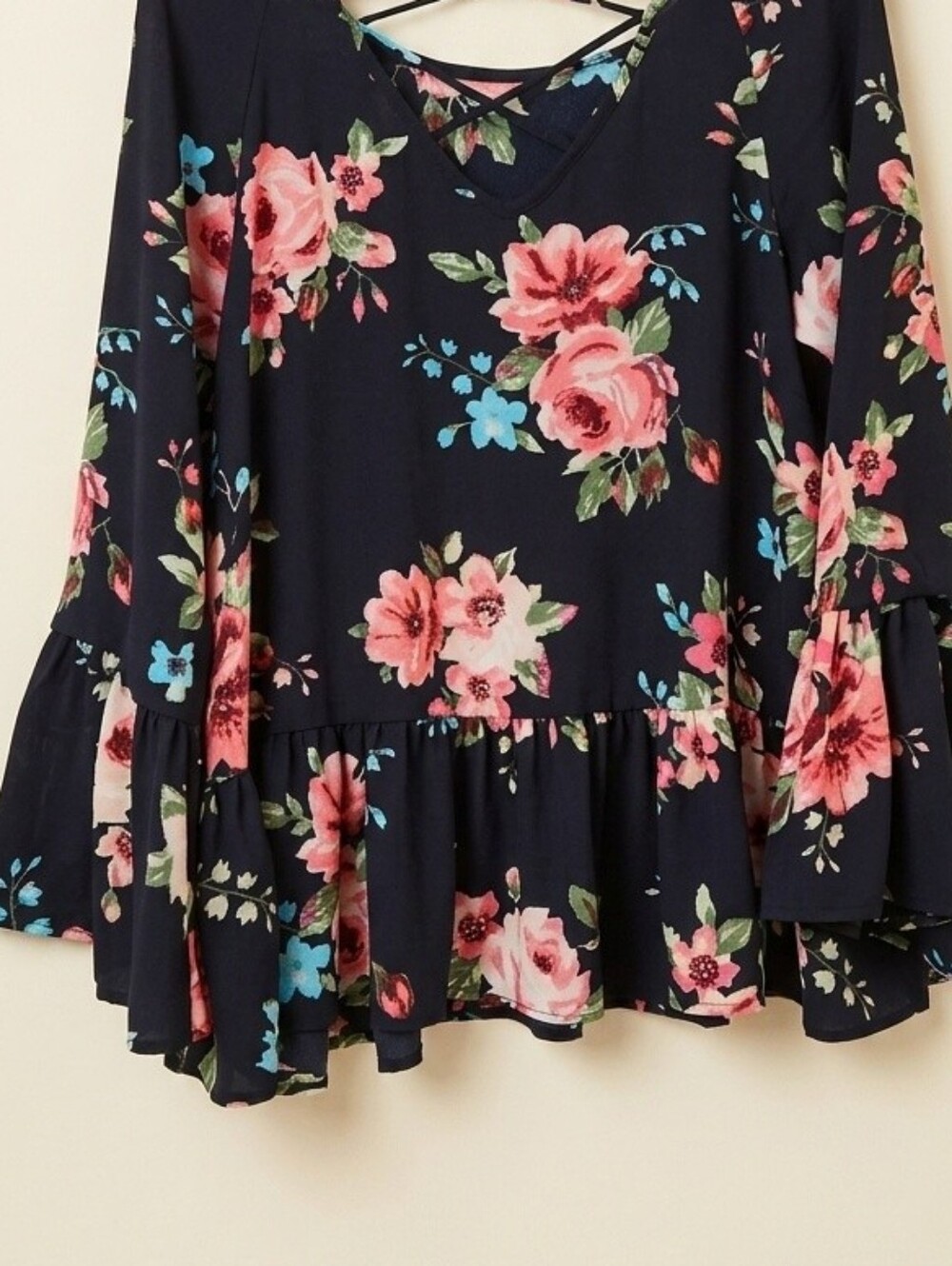 Lara Navy Floral Bell Sleeve Top - Size Medium - Picture 2 of 3